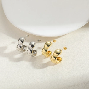 Minimalist 14K gold plated bamboo C-shape wave stud earrings in gold and silver finish