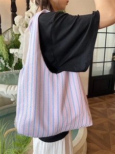 Striped canvas tote bag in pink and blue seersucker fabric for daily commute