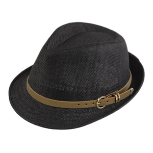 Detail of dark straw fedora hat featuring a brown leather band and gold buckle accent