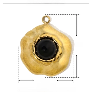 Detailed dimension guide for golden flower stainless steel pendant with black natural stone