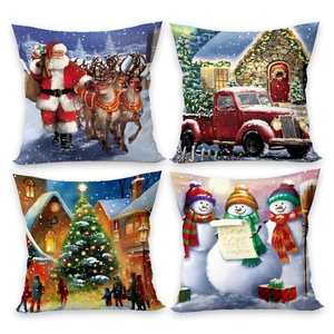 Set of 4 Christmas pillow covers featuring Santa Claus, reindeer, and vintage trucks
