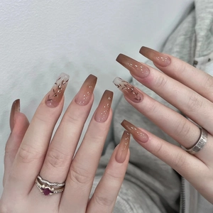 Plastic Press On Nails Brown Gradient Autumn Leaf Pattern Long Coffin Ballet Elegant Glossy Manicure For Women