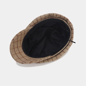 British style plaid newsboy cap with brown checkered pattern and adjustable inner strap