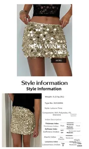 Detail view of gold sequin mini skirt fabric and technical size specification chart
