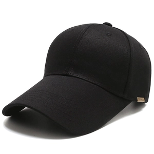 Classic black sport baseball cap with long brim and metal side logo for men and women
