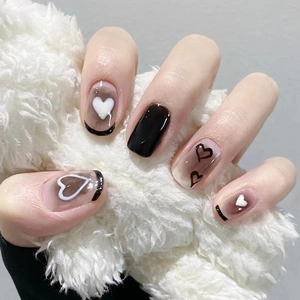 Press On Nails False Nail Tips Black Heart Design French Style Short Round Shape Glossy Finish For Women
