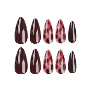 Elegant long almond press-on nails in deep burgundy and leopard print finish on white background