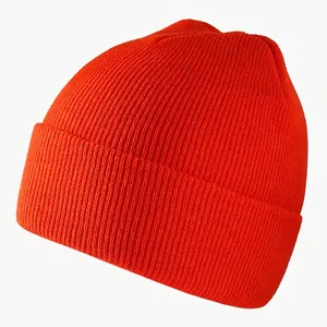 Fluorescent orange knit beanie with a classic wide-cuffed design for outdoor warmth