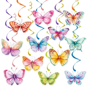 Aquarel vlinder spiraal decoraties voor lentefeesten met kleurrijke folie slingers