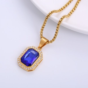 Hip hop style 18k gold plated necklace with a large rectangular blue gemstone pendant
