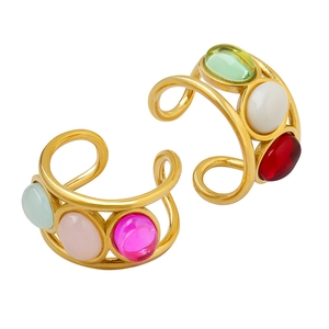 French retro gold adjustable rings with three colorful bohemian cabochon gemstones