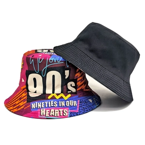 Classic 90s retro reversible bucket hat set featuring black and pop art print designs