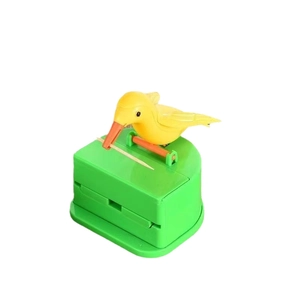 Creative bird automatic toothpick dispenser in yellow and green colors on white background
