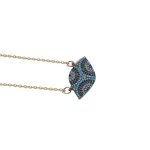Gold choker necklace with a blue evil eye pendant and abstract fan-shaped charm