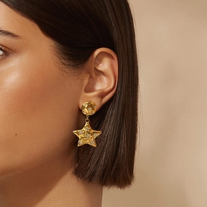 Chic 14k gold plated star earrings with hammered metal texture and sparkling zircon stones