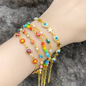 Evil Eye Bracelet Gold Plated Copper Enamel Flower Faux Artificial Pearl Splicing Bohemian Retro Jewelry For Women