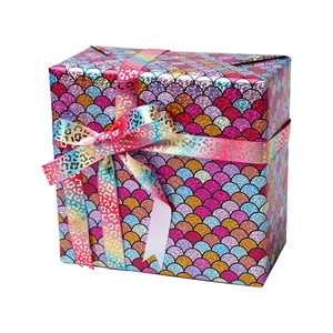 Iridescent fish scale and leopard print gift wrapping paper set with satin ribbons