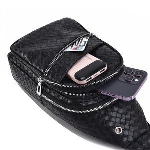 Men's black woven leather crossbody chest bag with multiple functional zip compartments