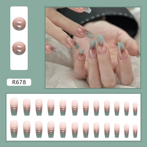 Press-on nails R678 long coffin style with pink to grey-green gradient finish