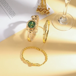 Elegantes Damen-Uhrenset in Gold mit grünem Zifferblatt, Leoparden-Armreif und Armband