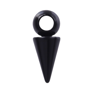 Macro view of a sleek black conical pendant with top ring in polished stainless steel