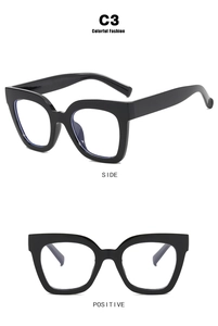 Detailed front and side views of stylish black cat-eye glasses frames in C3 color