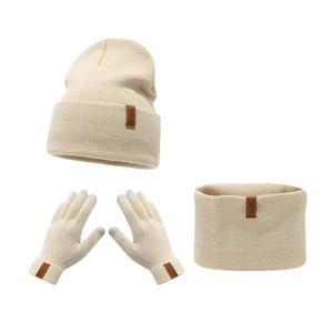 Beige knitted 3-piece set with beanie, scarf, and touch screen gloves for winter warmth