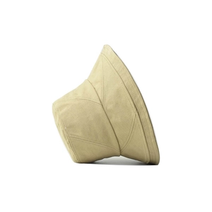 Detail shot of beige cotton bucket hat with geometric stitching on white background