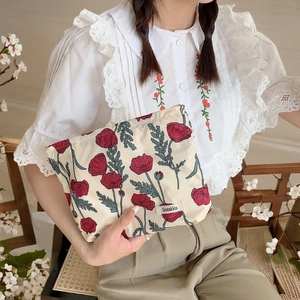 Floral Makeup Bag Cotton Canvas Cosmetic Pouch Portable Travel Storage Bag Zipper Clutch Japanese Style Flower Pattern