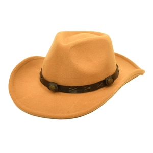 Detail of khaki wool felt western cowboy hat with studded brown leather band
