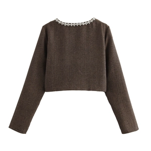 Détail de la veste marron à chevrons avec bordure de col ornée de strass brillants