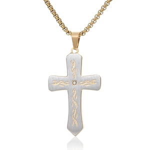 Titanium Steel Cross Pendant Necklace Men Rhinestone Inlaid Beveled Edge Totem Carved Personalized Punk Hip Hop Jewelry
