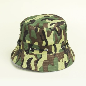 Detail view of army green camouflage outdoor hat with adjustable drawstring and metal eyelets