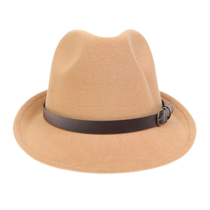 Detail of khaki wool felt fedora featuring a dark brown leather band and metal buckle