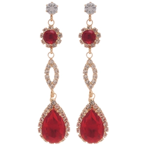 Elegant gold drop earrings with red pear-shaped stones and dazzling rhinestone borders