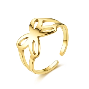 Detail of a luxury gold-plated titanium steel open ring with hollow butterfly design