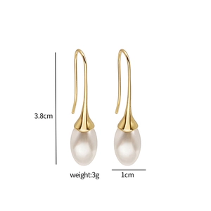 Classic gold drop earrings with white teardrop pearls, size 3.8cm by 1cm, weight 3g