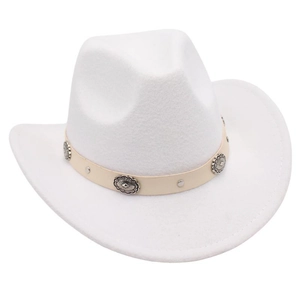Detail of white cowboy hat with a leather band and engraved silver conchos decorations