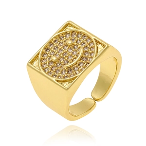 Detailed view of an adjustable gold square ring featuring a sparkling diamond smiley face