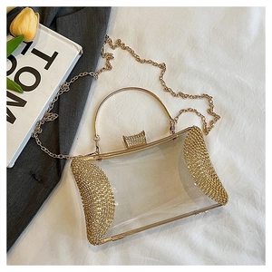 Detail of transparent acrylic evening bag with sparkling rhinestones and gold metal handle