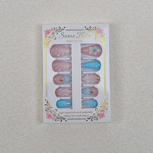 24pcs set of press-on nails with 3D floral carvings and ocean shell designs in box