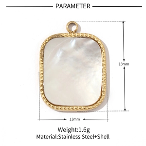Detailed view of square mother-of-pearl pendant with gold stainless steel frame