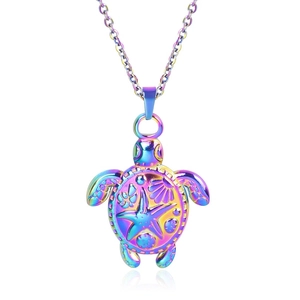 Macro detail of iridescent stainless steel sea turtle pendant with starfish relief
