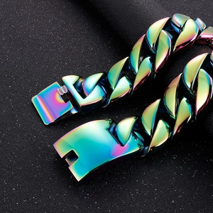 Detailed close-up of chunky rainbow titanium steel Cuban link chain with metallic finish