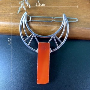 Silver crescent moon hair clip with rectangle orange crystal stone and metal frame