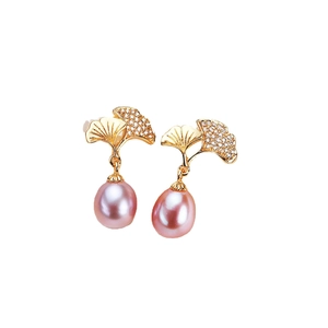 Elegant ginkgo leaf earrings with white zircon accents and pink freshwater pearls