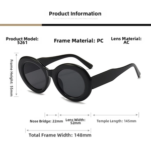 Technische Details und Abmessungen der ovalen Retro-Sonnenbrille mit PC-Rahmen