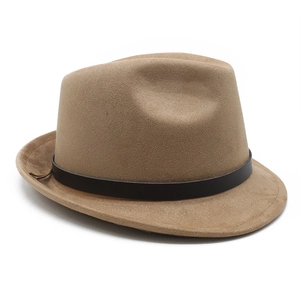 Detail showing the fine texture of khaki suede fedora hat with black band detail