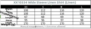 Tabella taglie per camicia in lino da donna con misure per busto e lunghezza maniche