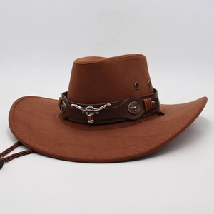 Vintage Western Cowboy Hat With Metal Bull Head Leather Band Wide Brim Felt Jazz Fedora Sun Protection For Men Women